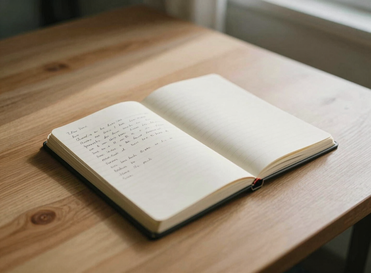 Warm editorial photography of an open notebook with handwritten notes on a clean oak desk, soft morning shadows, muted earth tones, 35mm film