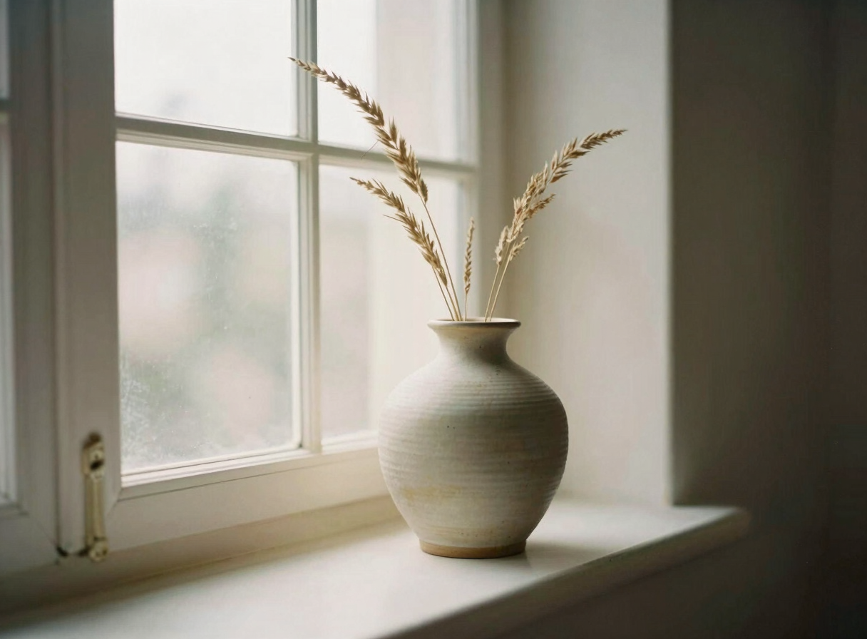 Warm editorial photography of a single ceramic vase with dried grass next to a sunlit window, minimalist composition, shallow depth of field